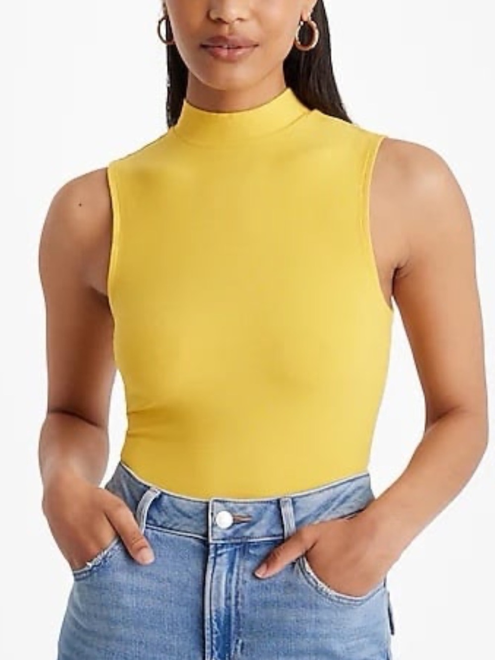 Express Yellow Fitted Ribbed Mock Neck Fitted Sleeveless Tank